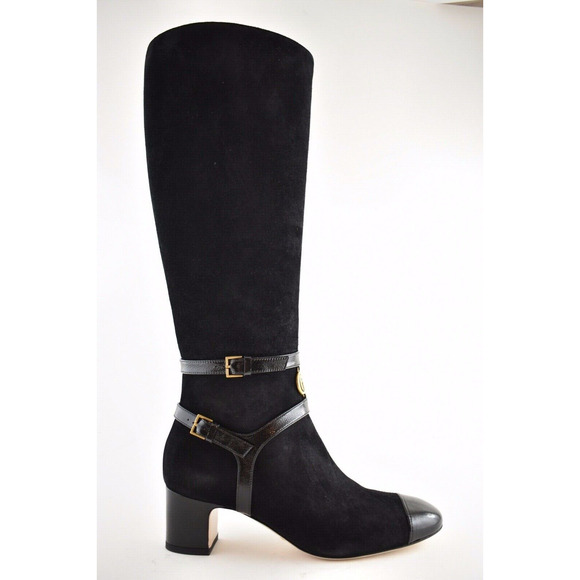 Gucci Geraldine 55 Black Suede Patent GG Gold Logo Low Heel Knee High Boot 35 - Picture 3 of 12